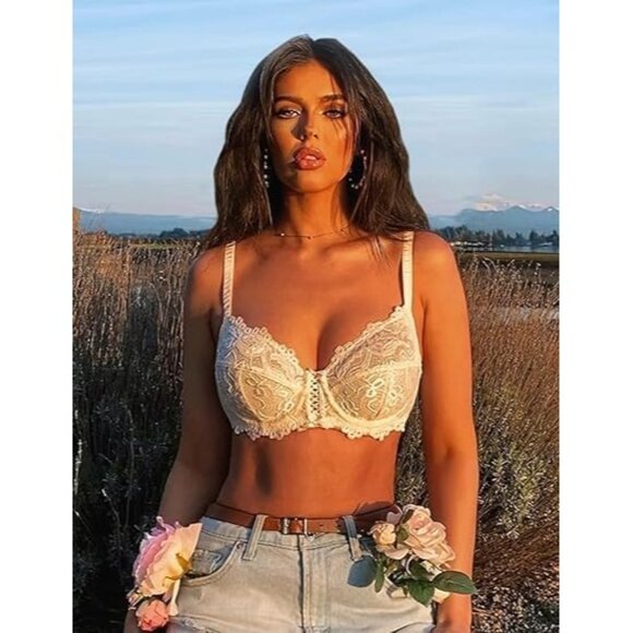 Women's Champagne Sexy Lace Bra Non Padded Underwire Unlined Bra Full Coverage - Picture 5 of 6